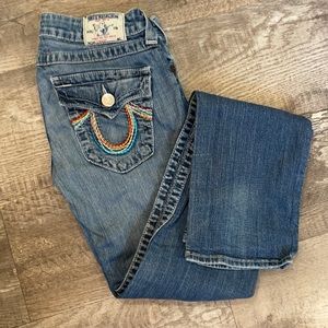 True Religion blue denim jeans  rainbow stitching
